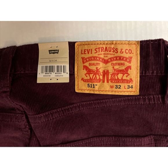 Levis 511 Slim Pants Men's 32x34 Maroon Corduroy Wine Tasting Stretch Pants - Picture 6 of 14